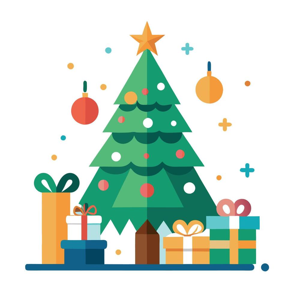 Abstract illustration of a christmas scene with a decorated christmas tree and presents around it vector