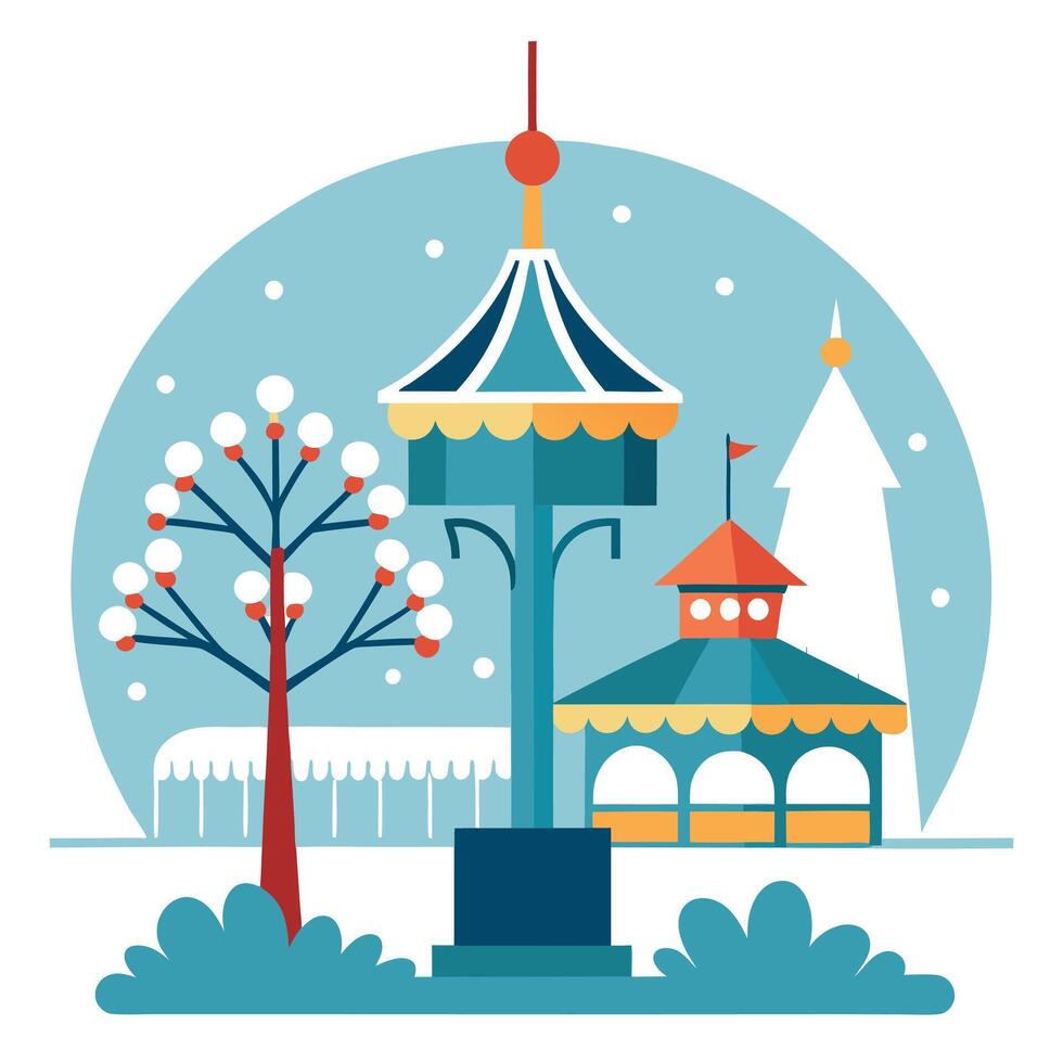 Winter scene at Tivoli Gardens. Copenhagen. with snow-clad tree and carousel in the background. vector