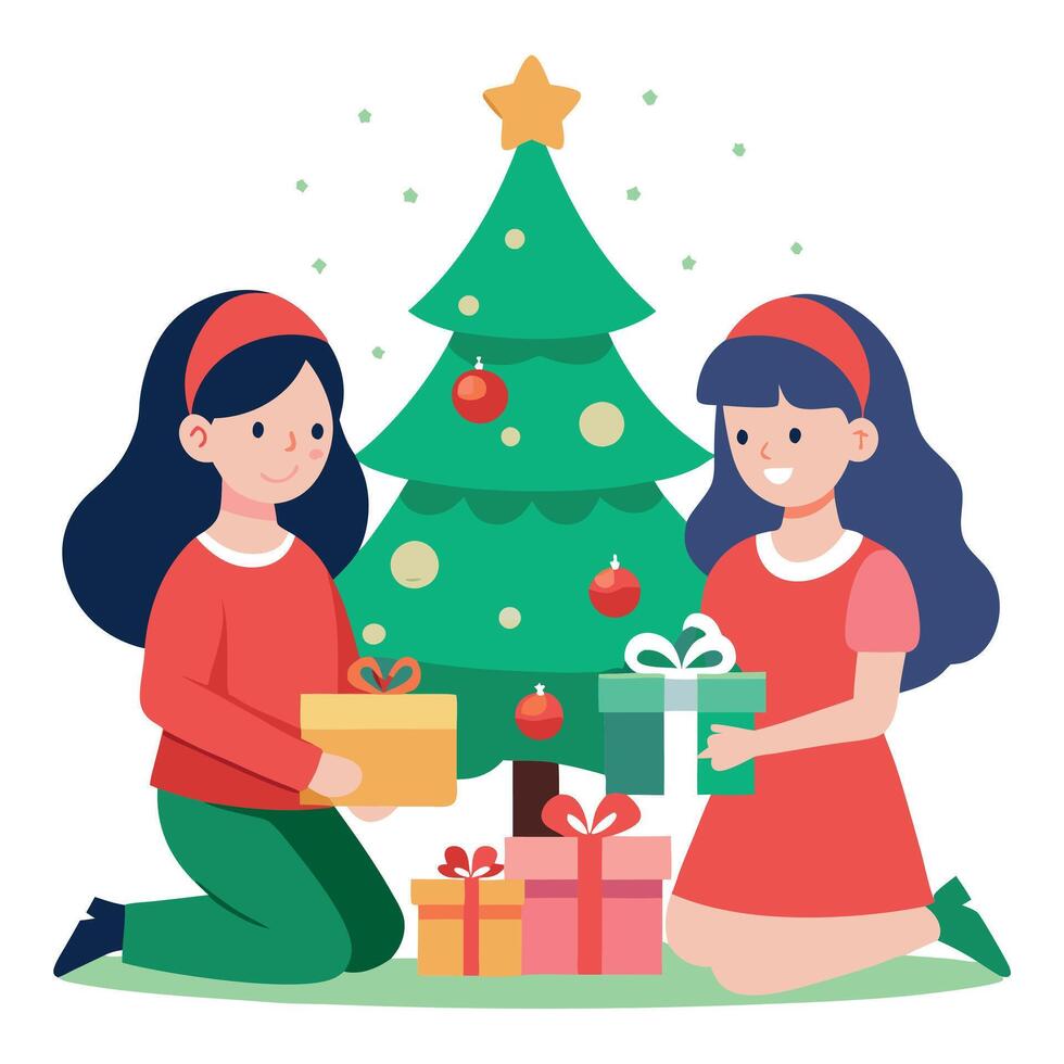 Two sisters open presents on Christmas day in front of the christmas tree vector