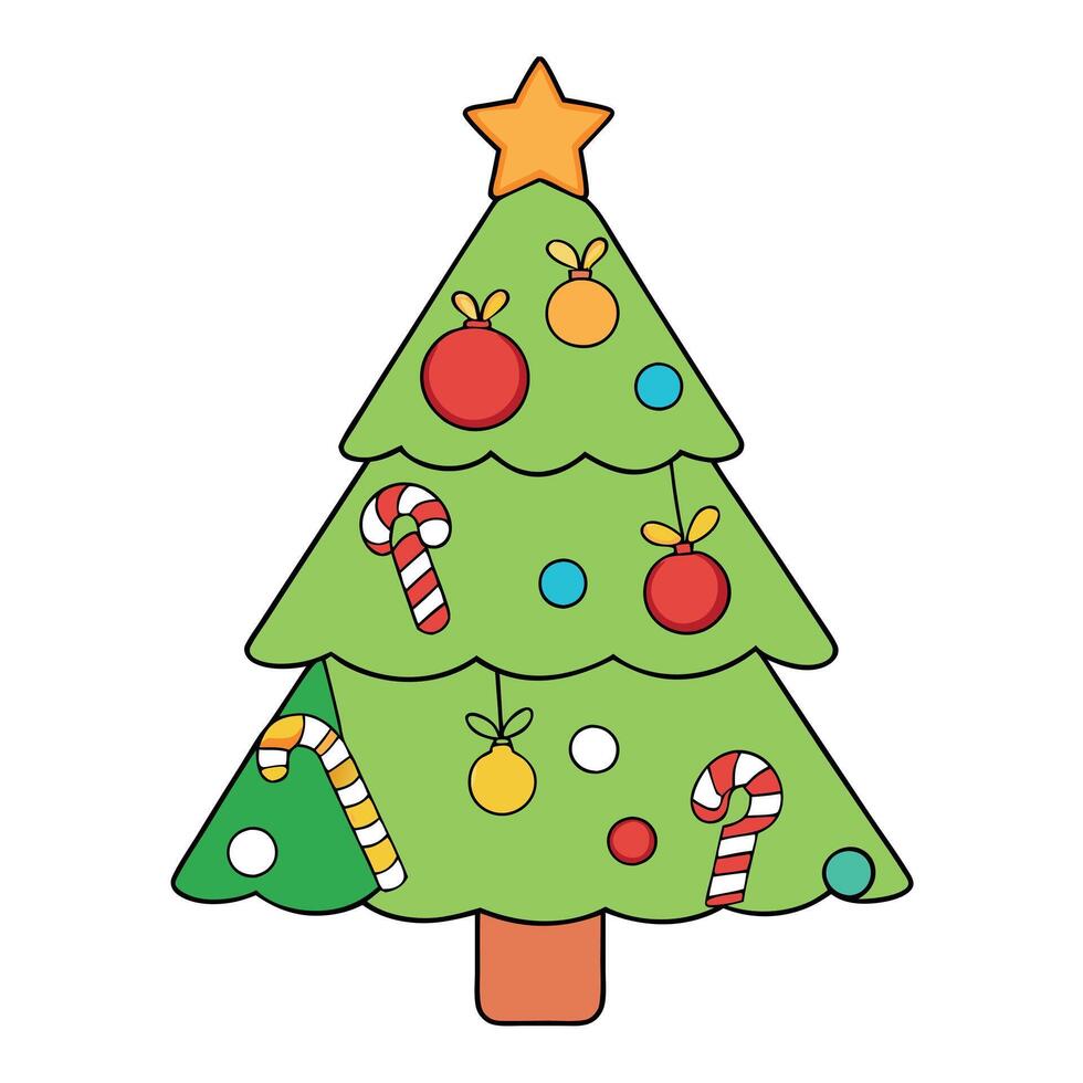 Close-up of a Christmas tree decorated with baubles. lights. gingerbread and candies. vector