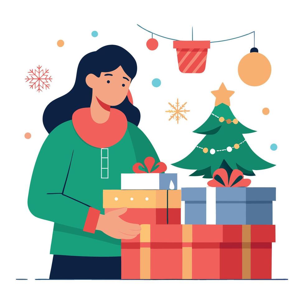 A woman is holding a christmas tree and presents vector
