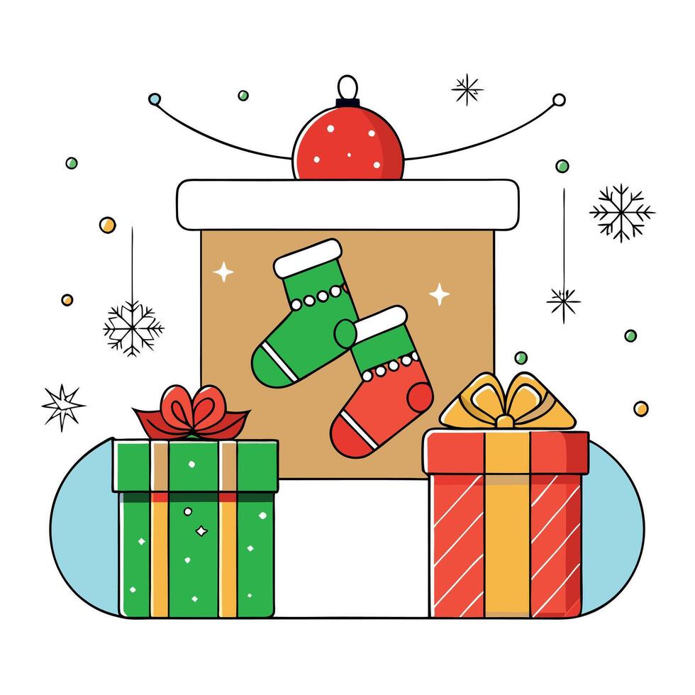 Socks for gifts in a festive interior. Merry christmas and happy new year concept vector
