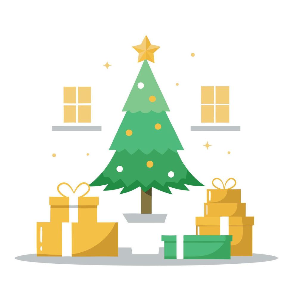 White and gold presents with Christmas tree in the living room vector