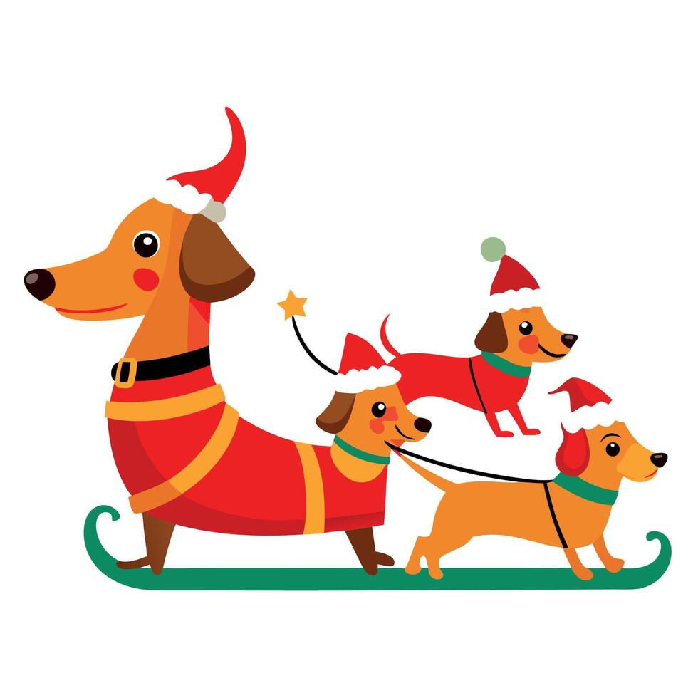 Dachshunds as reindeer in santa's sleigh graphic for christmas vector