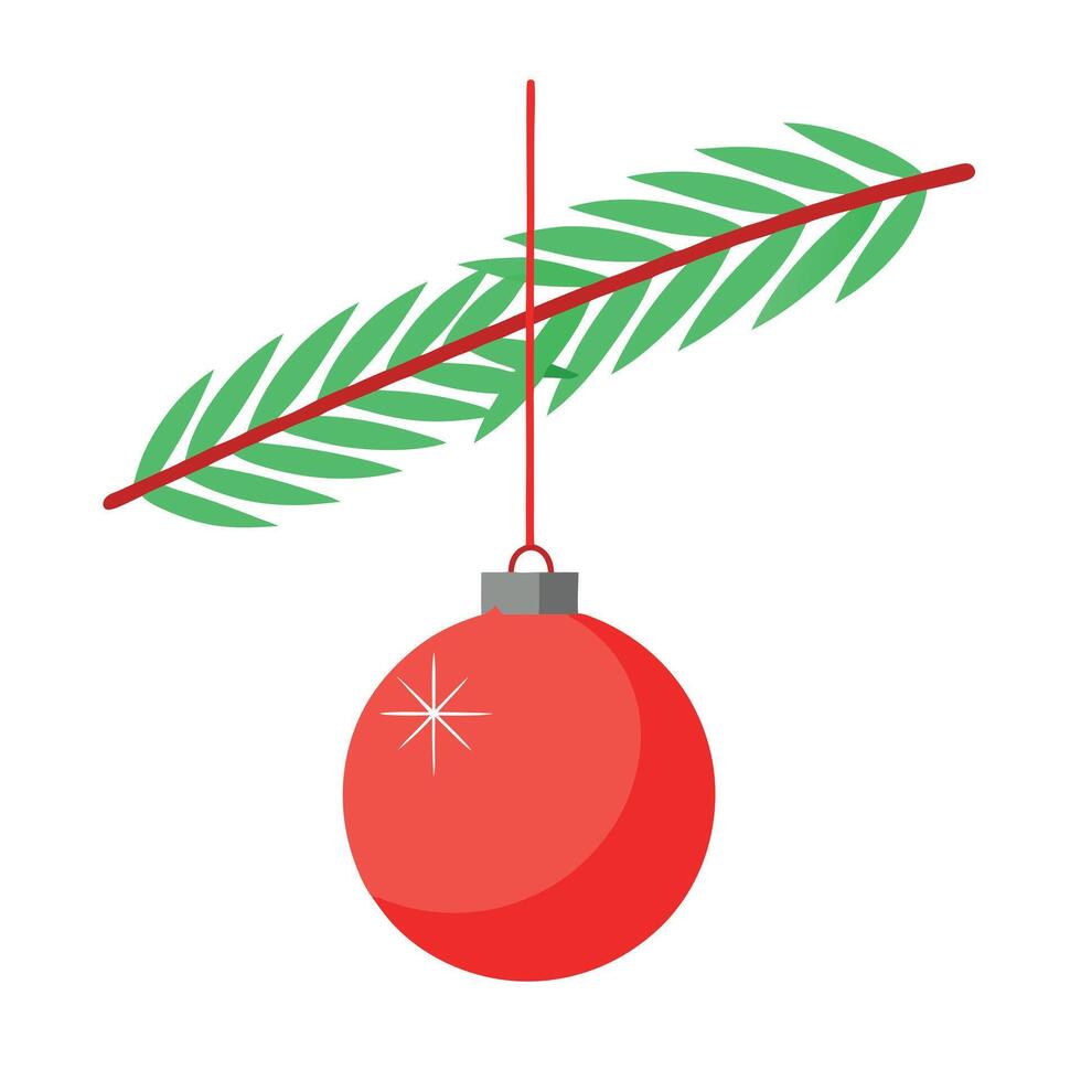 A christmas tree branch with a red ornament hanging from it. vector