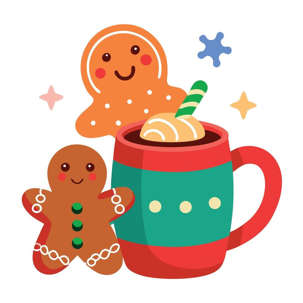 Gingerbread christmas cookies near to hot steaming cacao in colorful funny christmas mug. vector