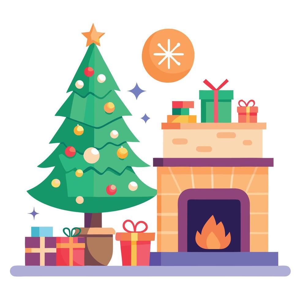 Stylish interior of living room with fireplace decorated Christmas tree. Christmas decoration. vector