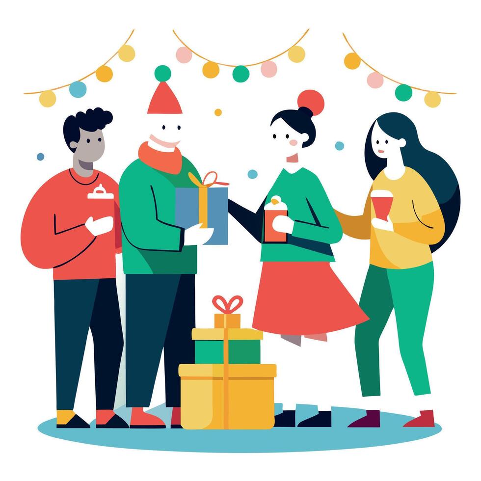 People are sharing gift boxes at the christmas party. vector