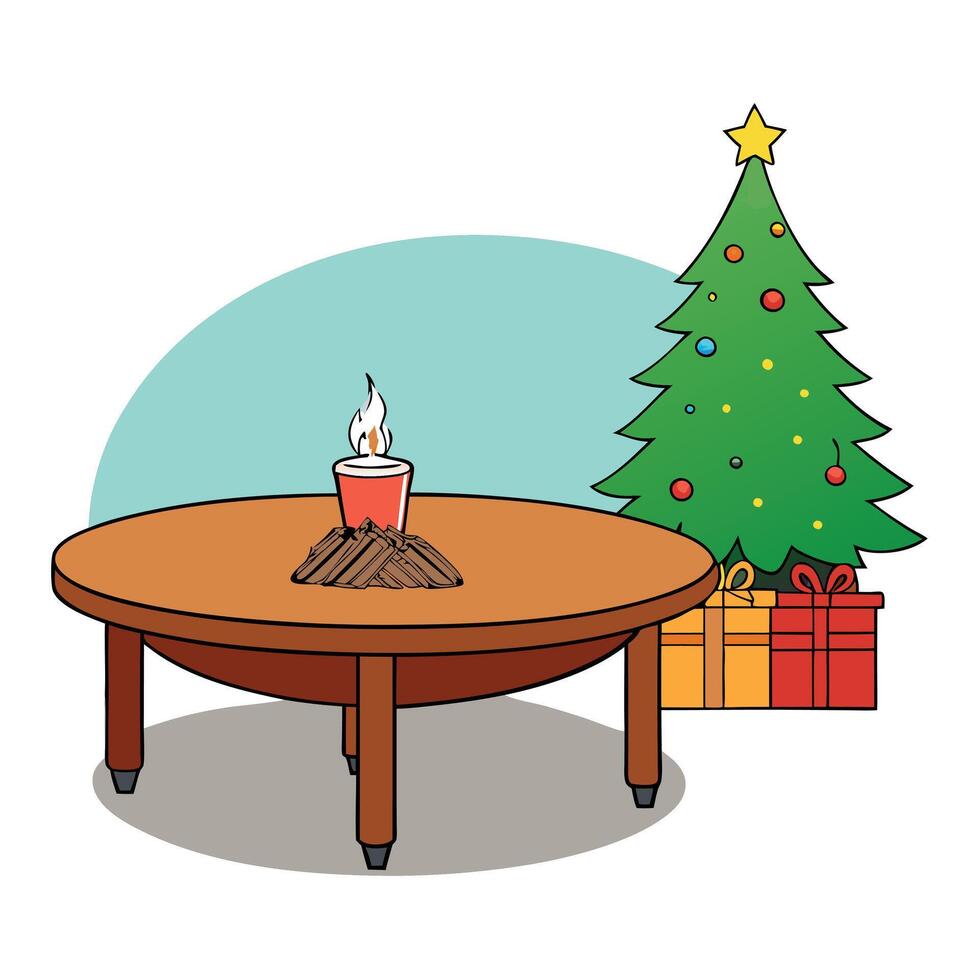 Wood table with blurry christmas tree and fireplace background with copy space vector