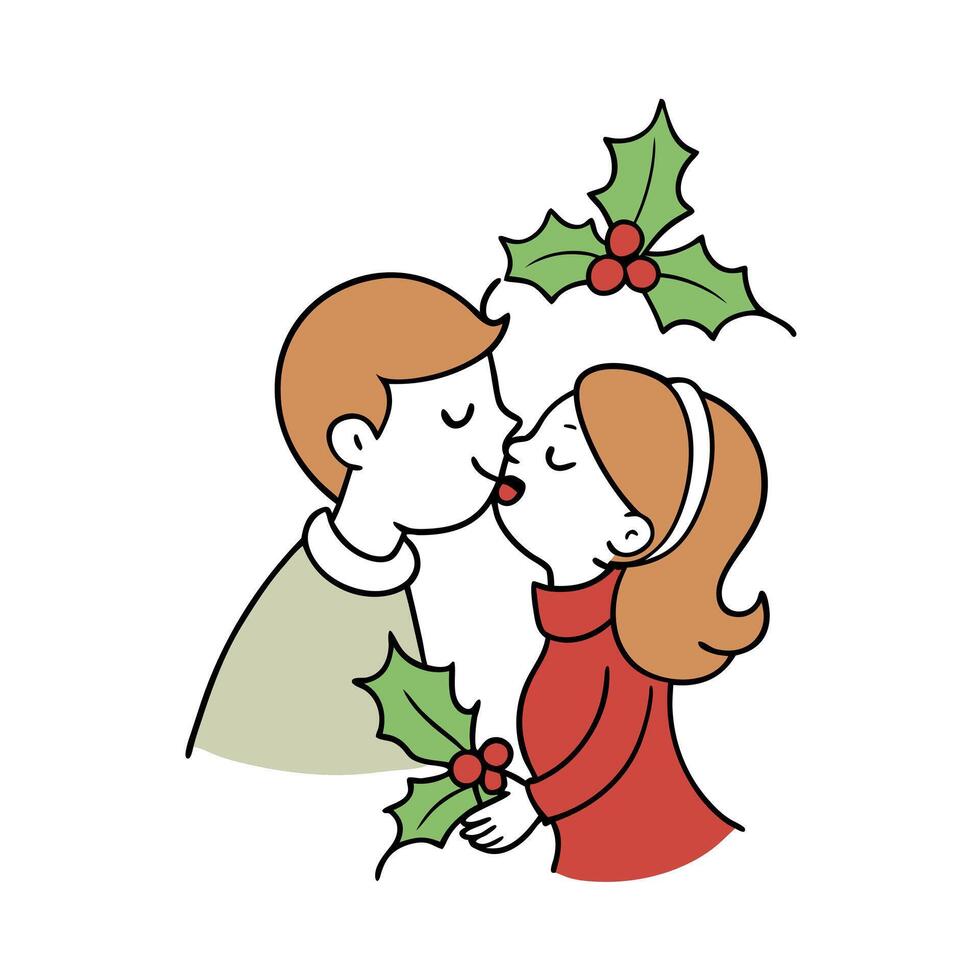 Happy couple kissing under the mistletoe at Christmas. vector