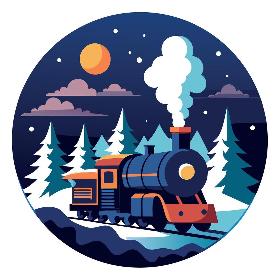 Old steam locomotive driving at night through a dreamlike snowy forest at christmas time. vector