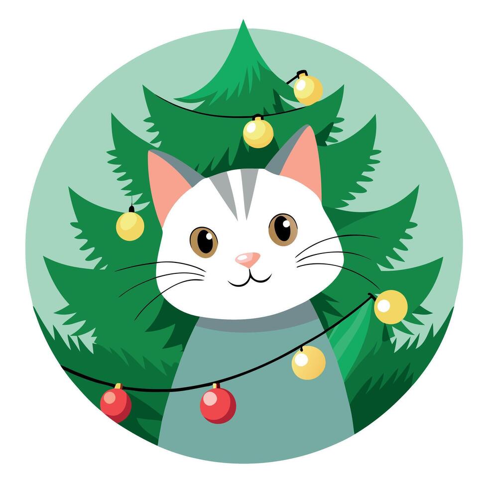 Domestic cat peeking out between branches of Christmas tree between with electric light chain vector
