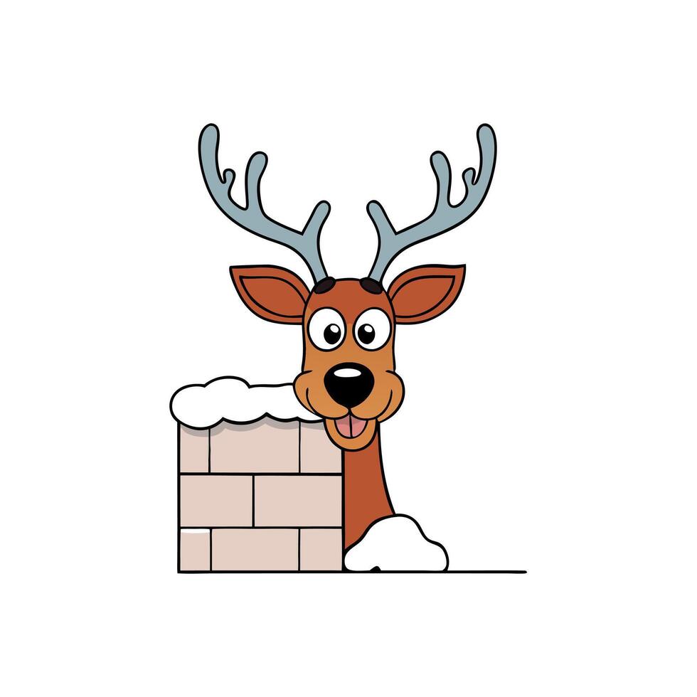 Funny reindeer peeking his head out from behind a snowy wall vector