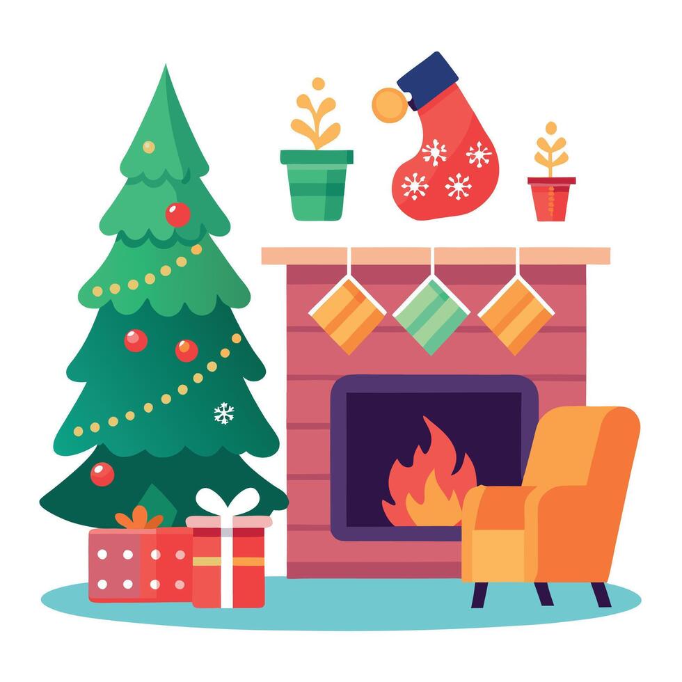 Cozy living room with Christmas tree. stockings. and fire crackling. vector