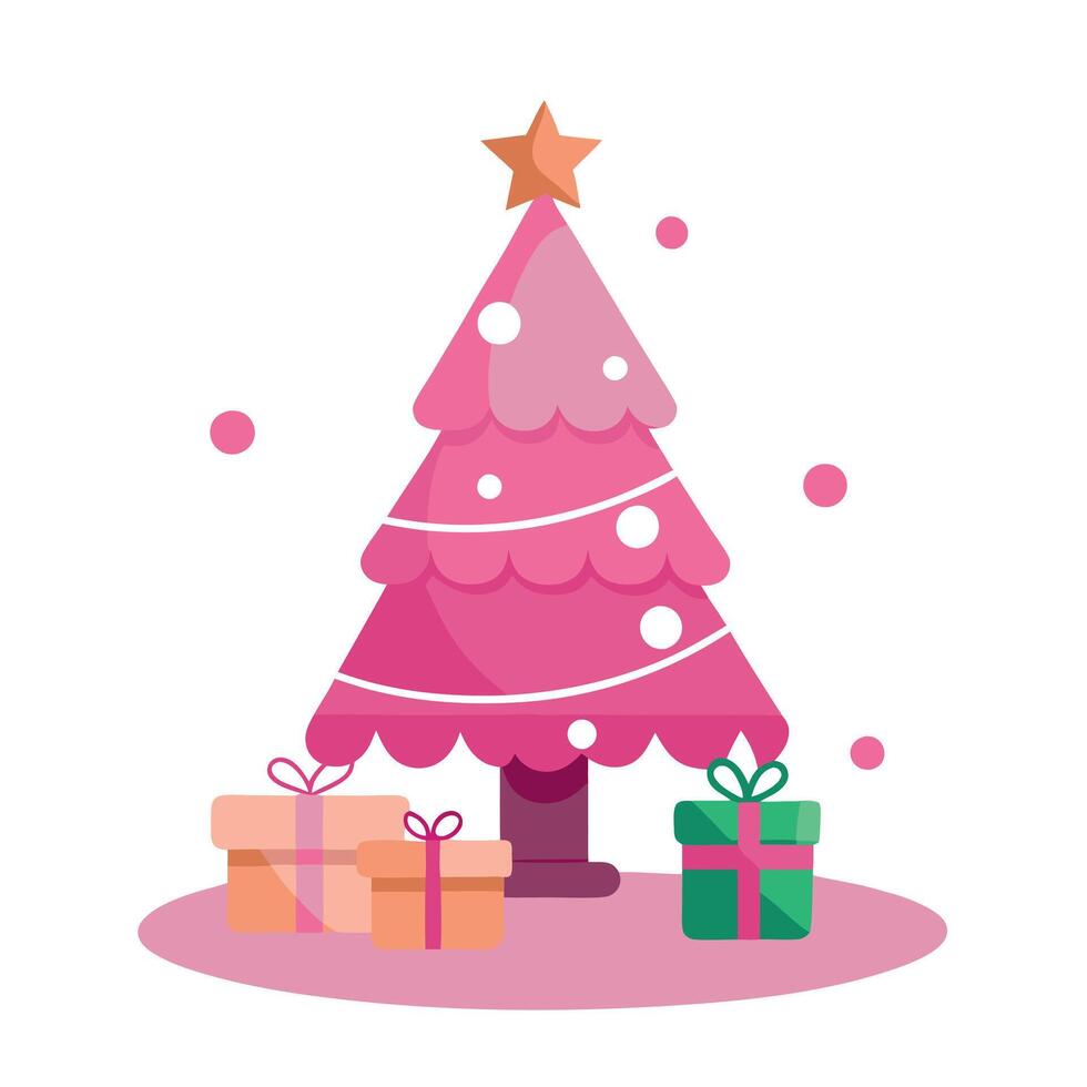Pink christmas tree with decorations and gifts on a pink background. generated with AI vector