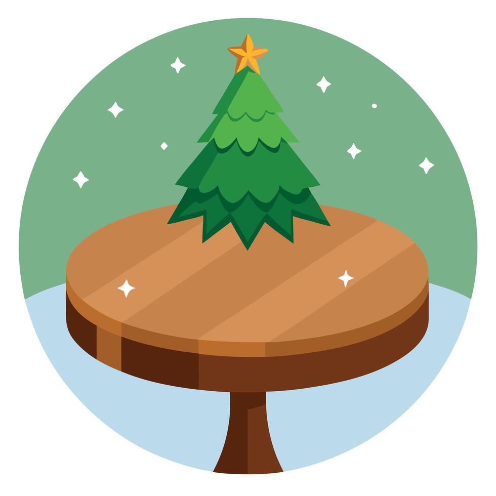 Round wooden table top for product display mockup with festive christmas tree background vector