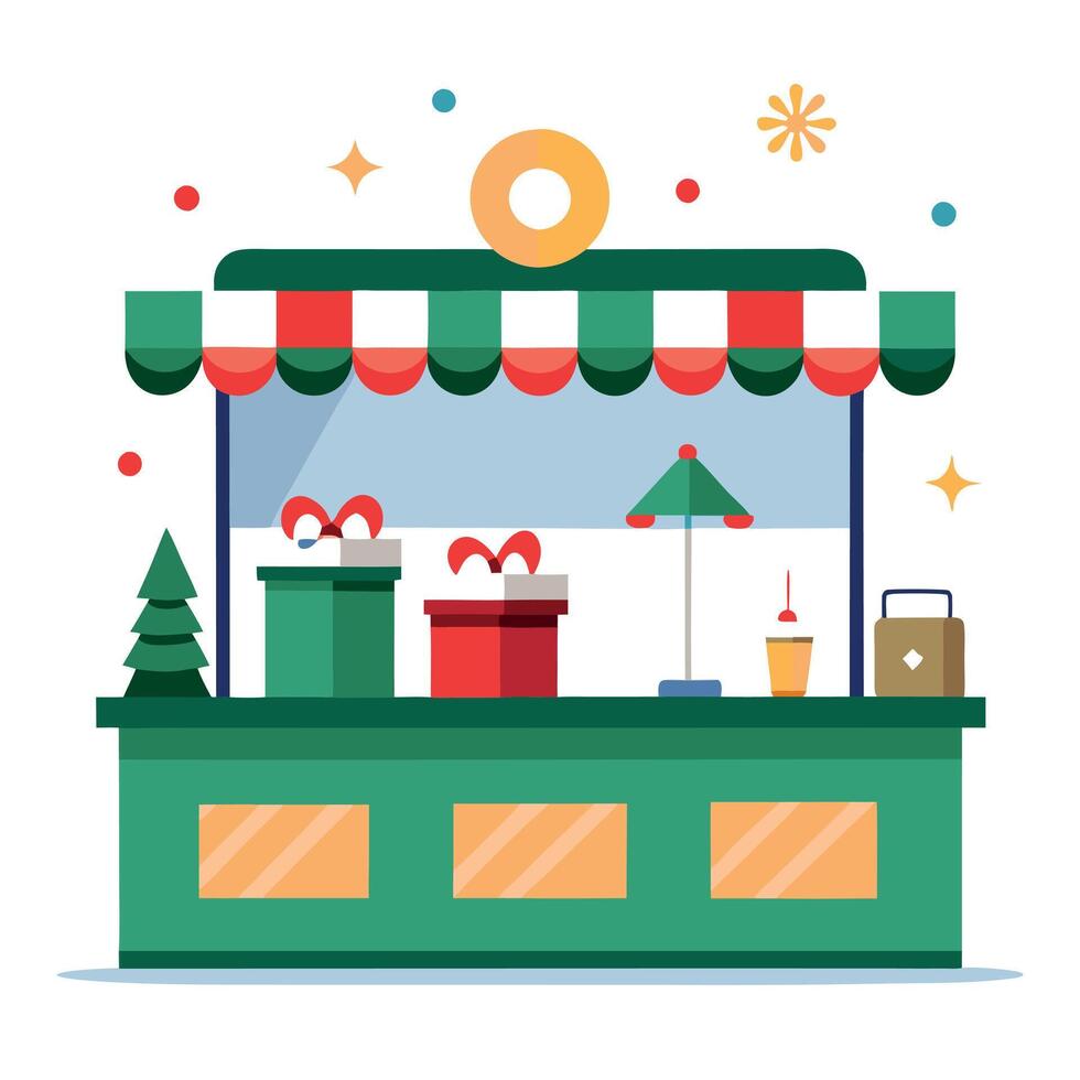 Modern store shop counter with festive christmas home decoration. vector