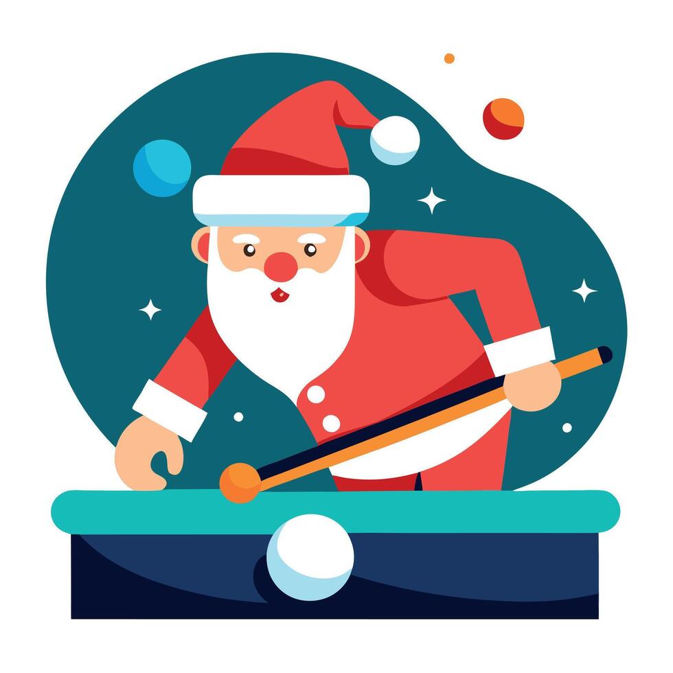Santa Claus playing billiards on Christmas poster - FIctional Person. vector