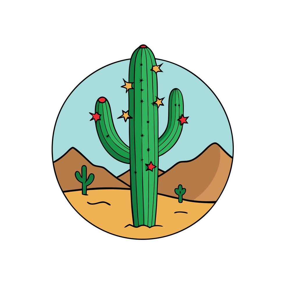 Saguaro cactus with Christmas lights in the desert at night and mountains in the background vector