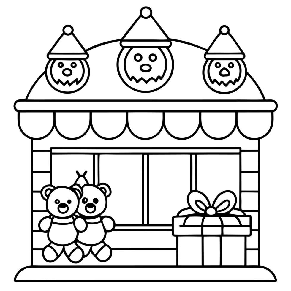 Teddy bears sitting in front of the shop with Christmas decoration. vector