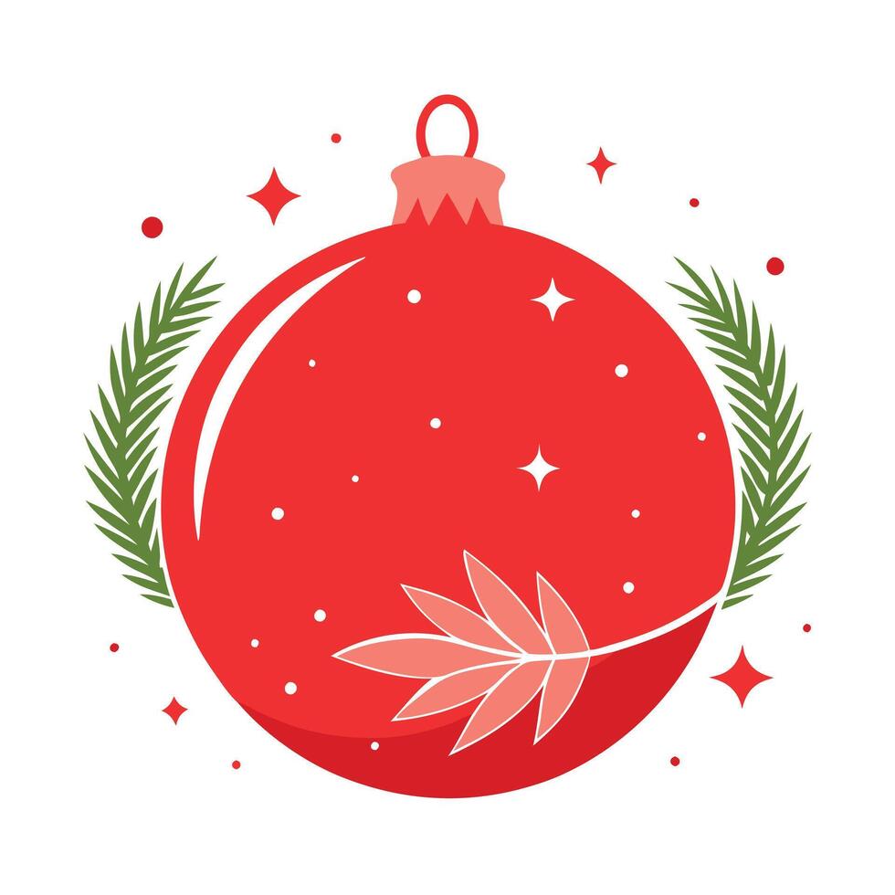 Red christmas background with red christmas ball and fir leaves. Copy space vector