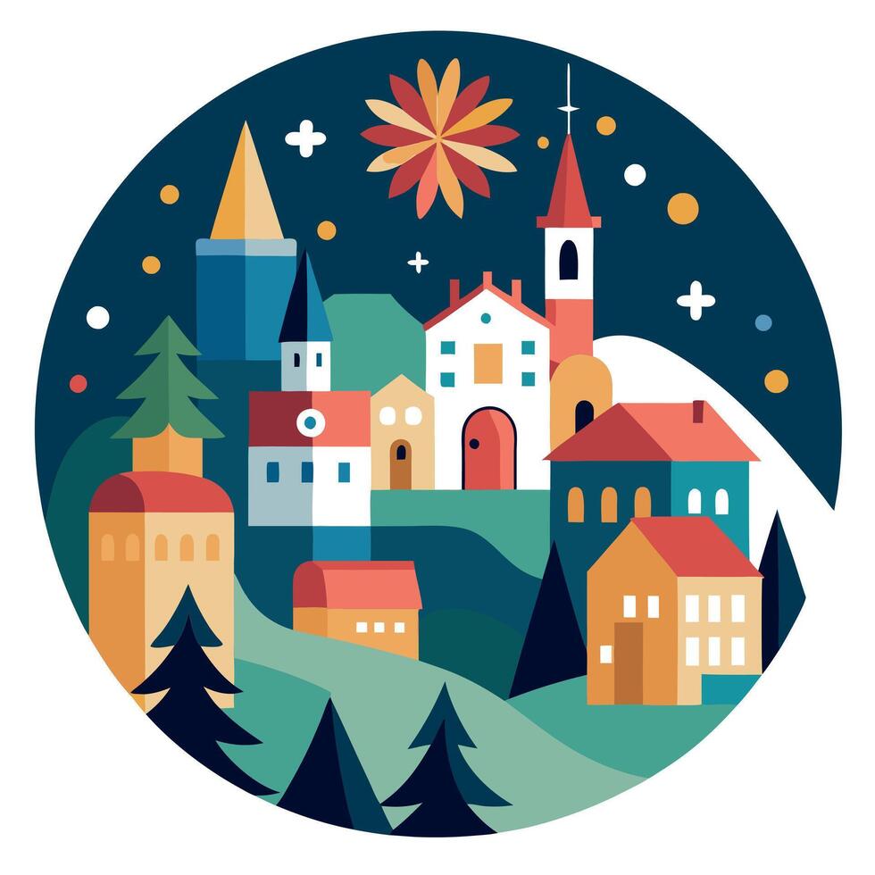 Fireworks in the sky above European town. Merry Christmas. Aerial view. vector