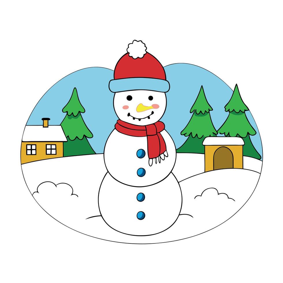 Happy snowman standing in garden landscape for christmas vector