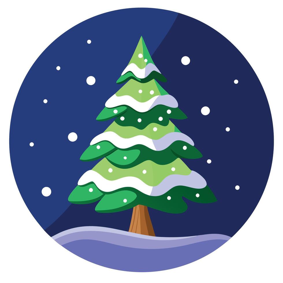 The snow covered Christmas tree contrasts with the dark blue backdrop . vector