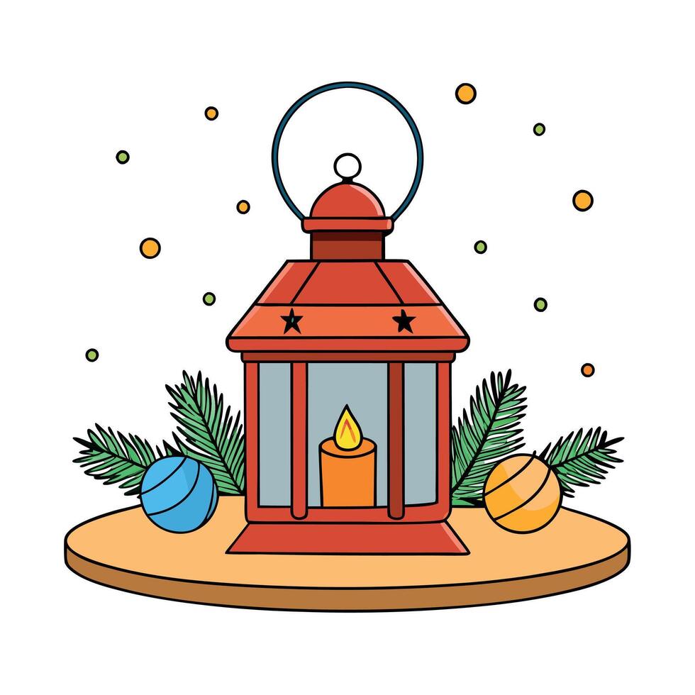Christmas Lantern On Snowy Table With Fir Branches And Ornaments vector