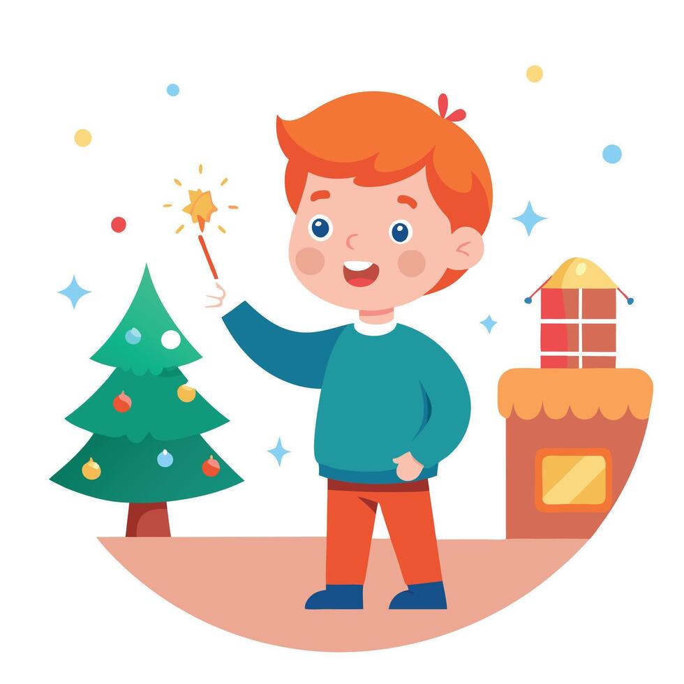 Image of cute adorable redheaded boy playing with sparkler at Christmas decorated home vector