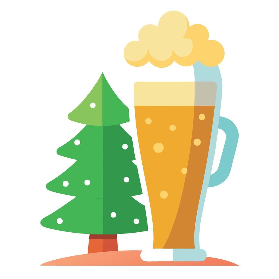 A beer glass stands next to a christmas tree. christmas image. photorealistic illustration vector