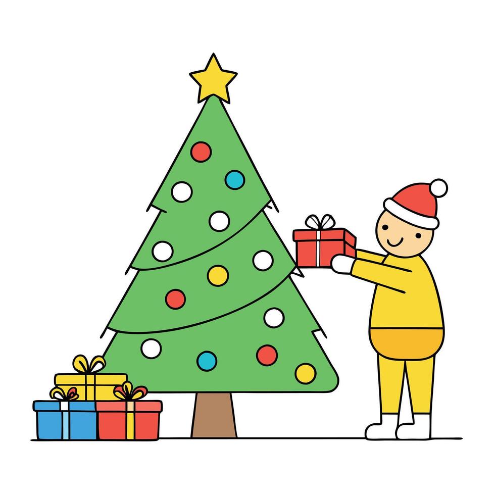 Decorating a Christmas tree with lights gifts and pine cones vector