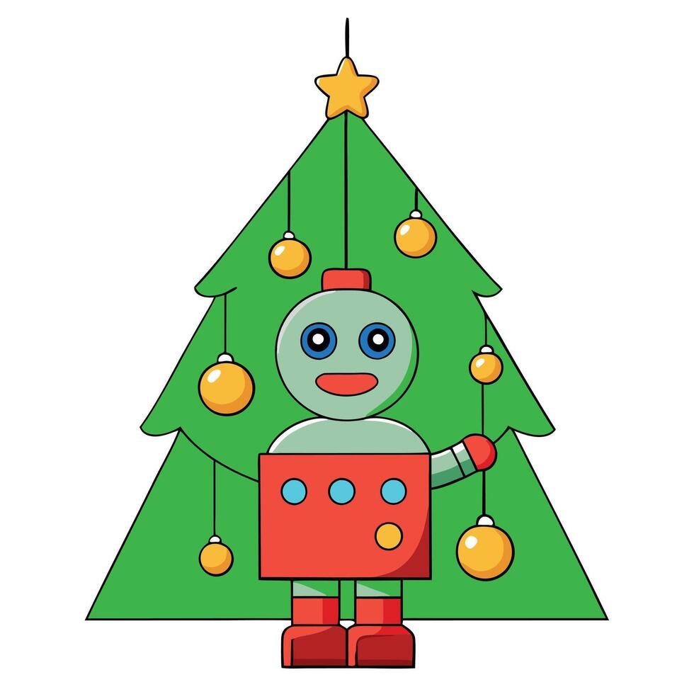 Christmas toy robot hanging on a christmas tree. green background vector