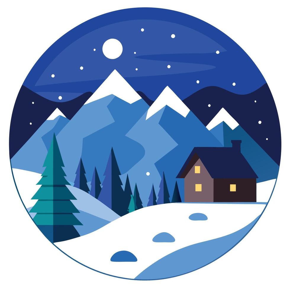 Winter landscape with house and mountains illustration vector