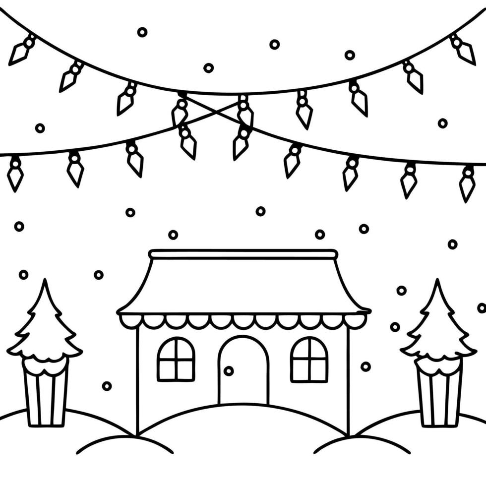 Magical christmas atmosphere with garlands of christmas lights outdoors in a snowy day vector