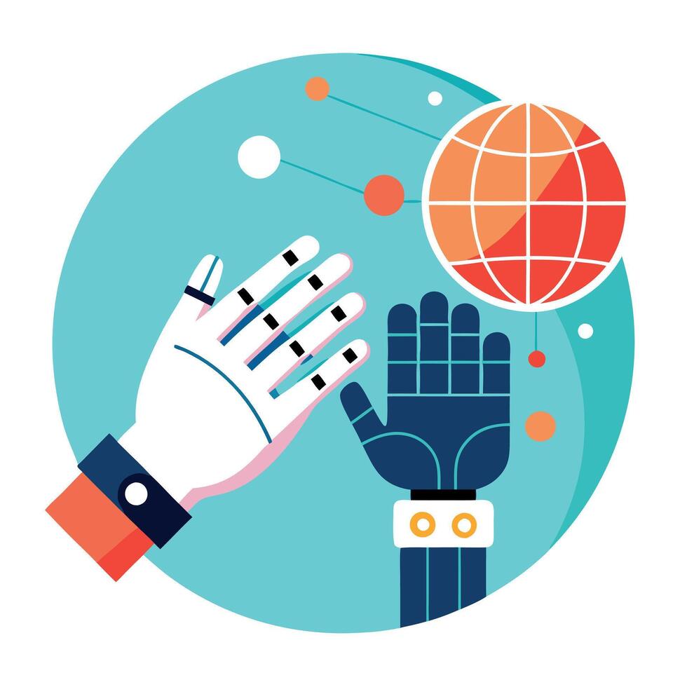 Robot hand and human touching on global virtual network connection. vector