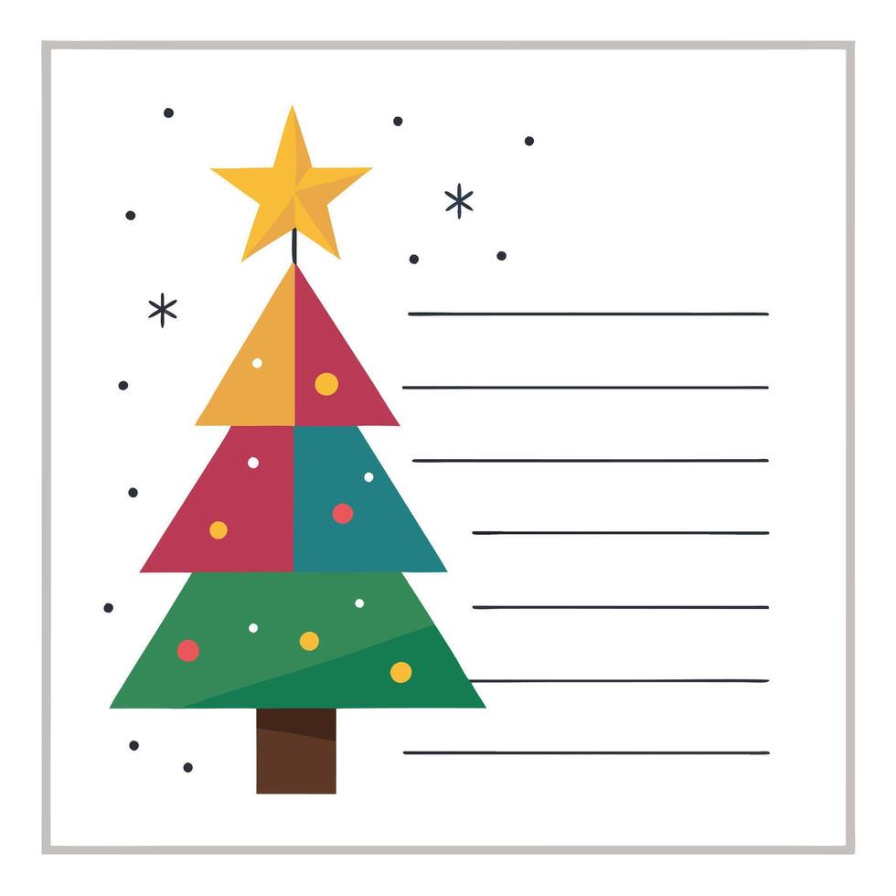 Postcard of an abstract christmas tree with a colorful star on top. space to write christmas wishes vector