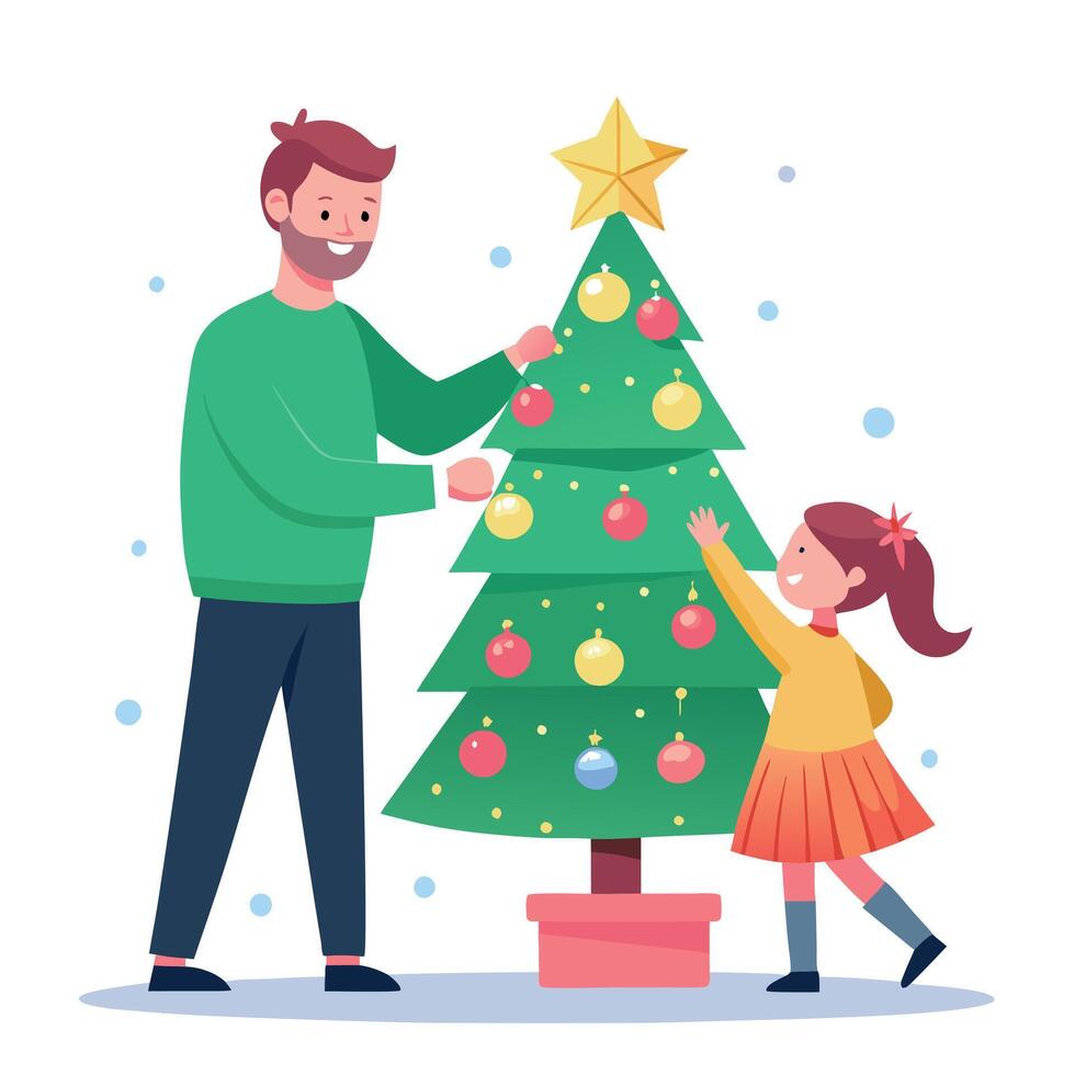 Happy father and little daughter decorating christmas tree together at home vector