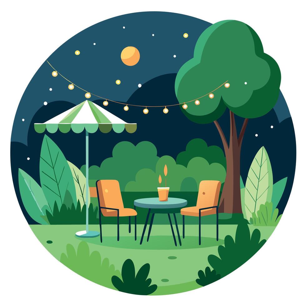 Beautiful backyard seat in green garden at night time with fairy lights. vector