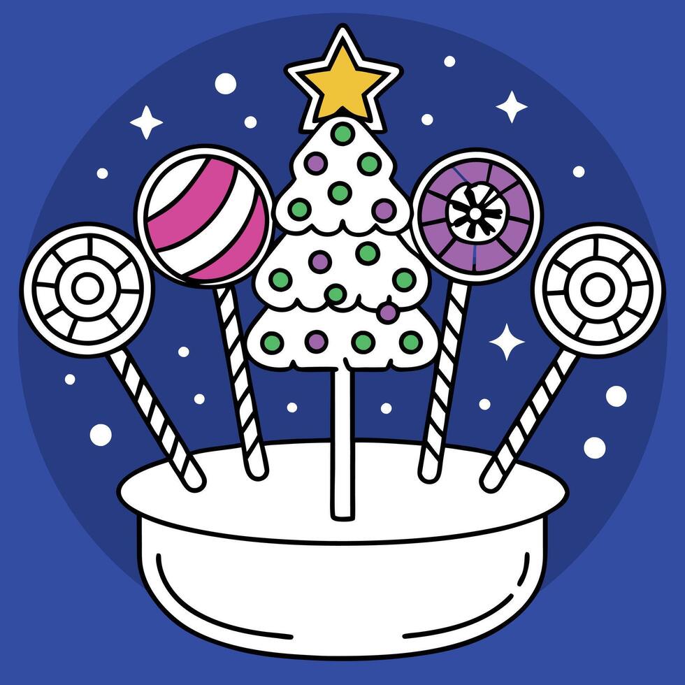 Colorful christmas centerpiece of candy and christmas trees on sticks in a dark blue background vector