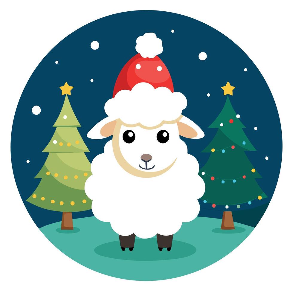 Close-up of a sheep with santa hat. christmas trees and decorations in the snow. winter night scene vector