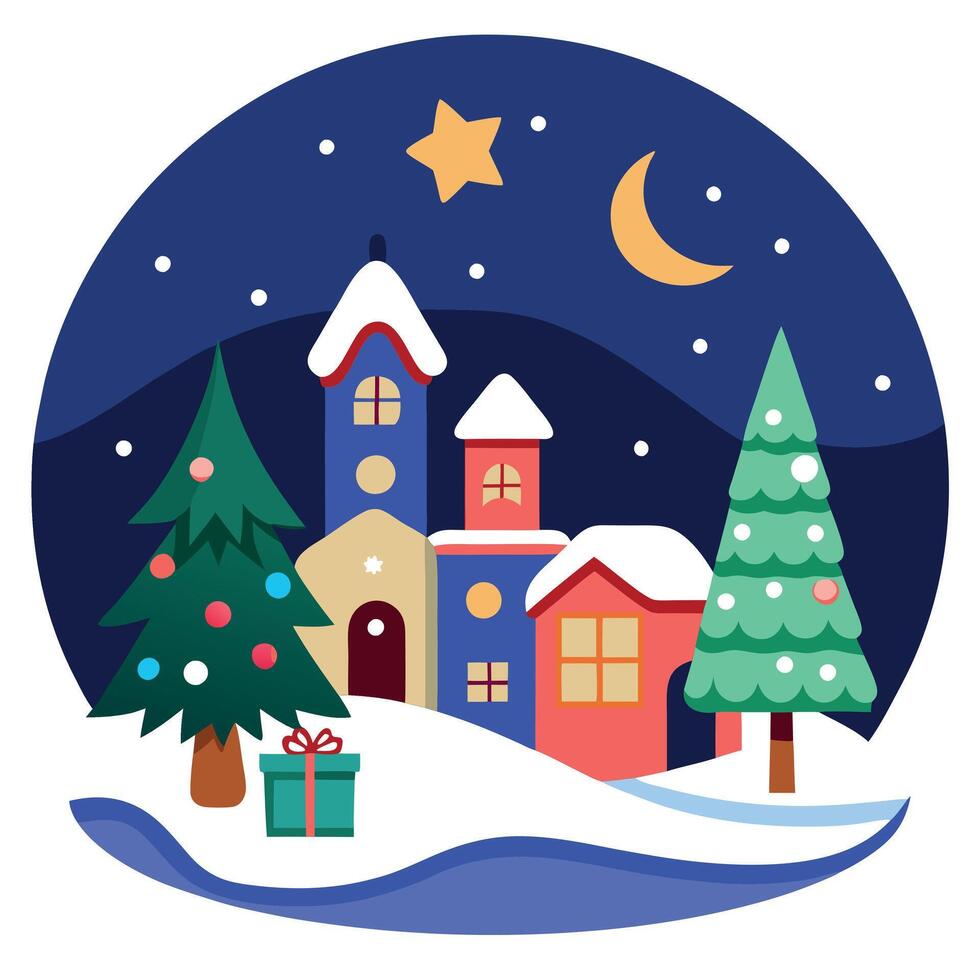 Wonderland winter christmas night. Houses xmas tree with snow. vector