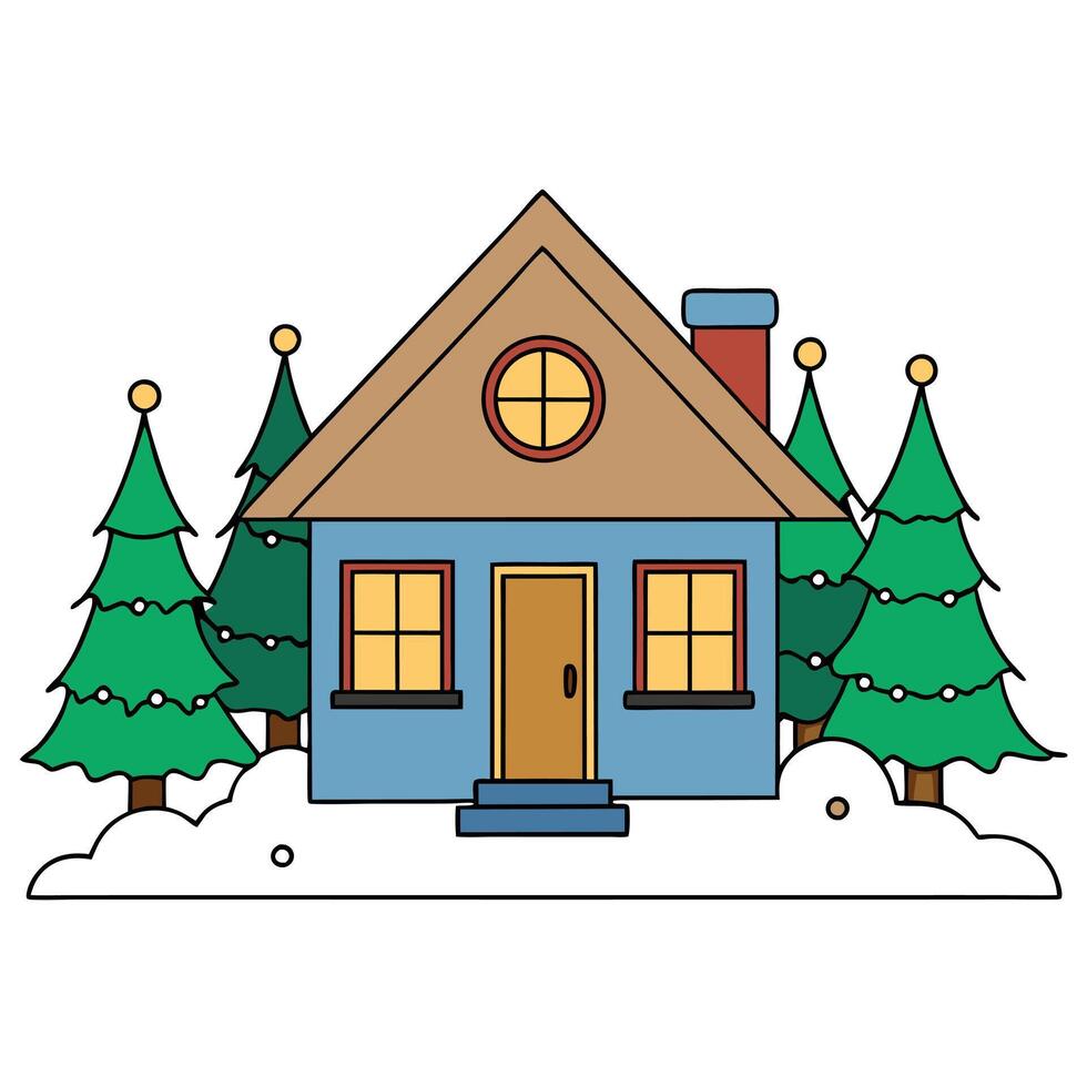 A house with christmas lights on the front porch and trees in the back yard. all lit up at night. vector
