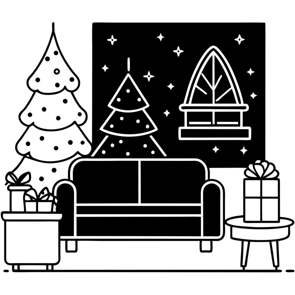 Scandinavian-style living room with Christmas tree. gifts. black sofa. and dark wall mockup. vector