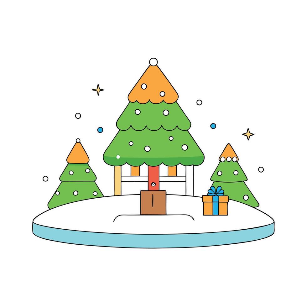Illustration christmas tree wallpaper snow lamp element. christmast island. mini city vector