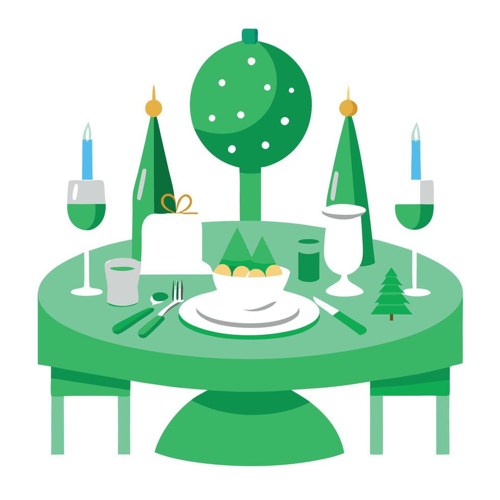 Elegant green theme table setting for Christmas and New year dinner. vector