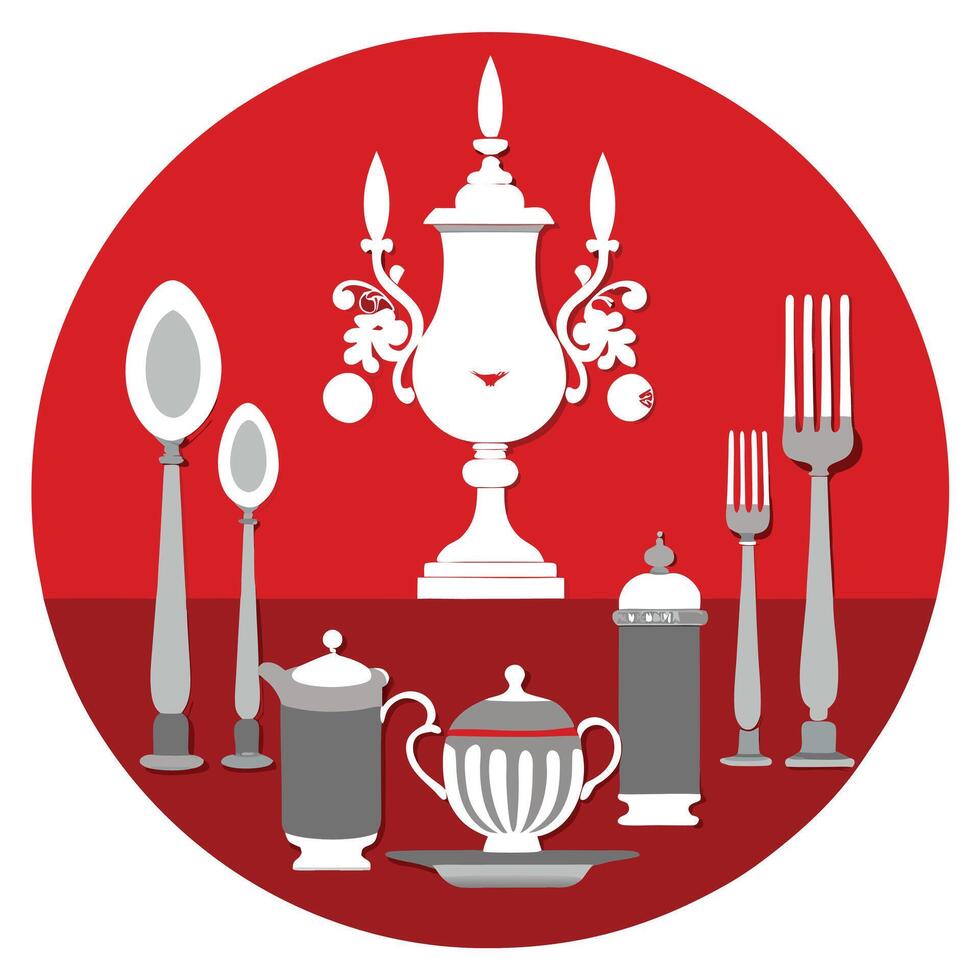 Classic festive setting with antique silverware and decor on a red backdrop vector
