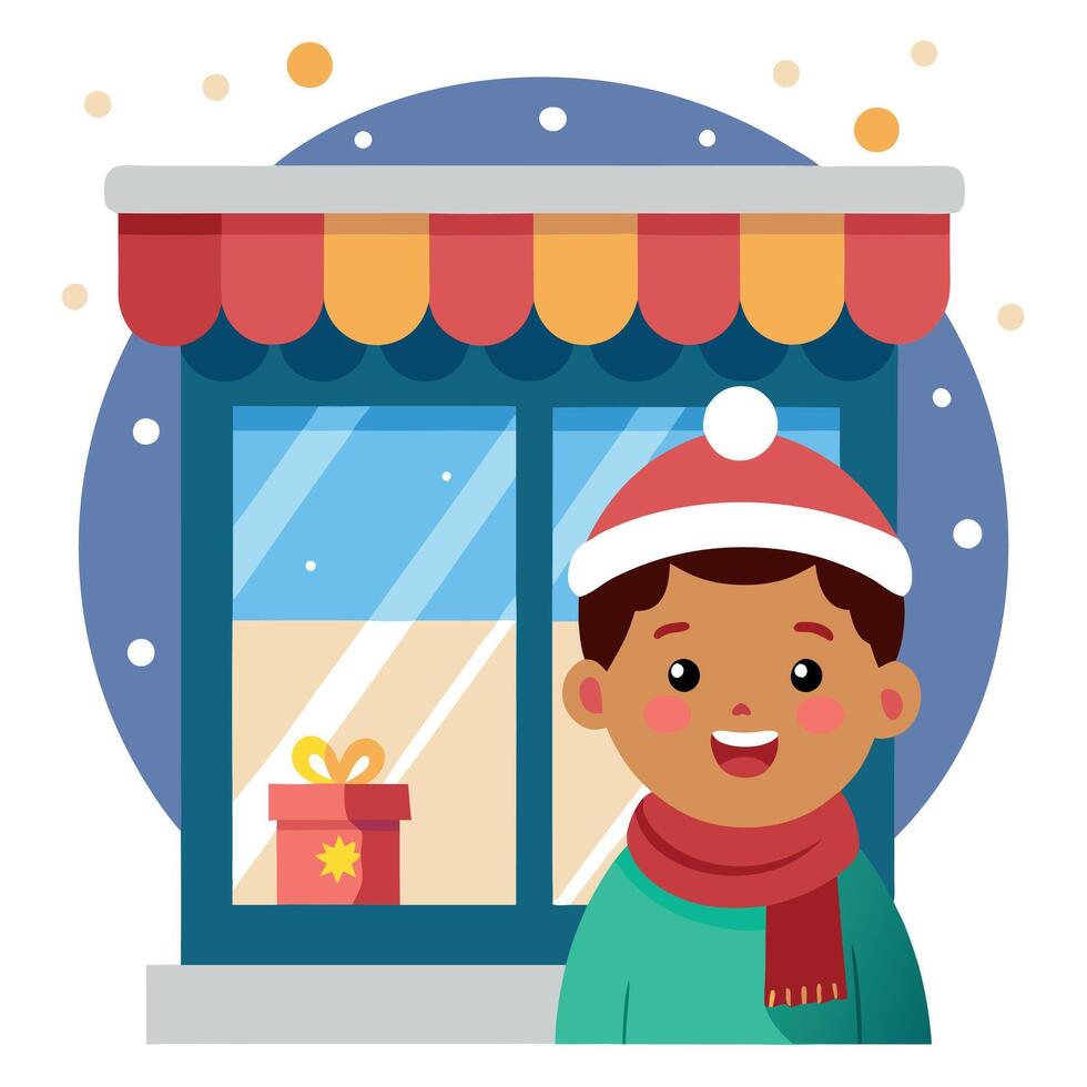 Excited child looking into the window of a christmas shop with bokeh lights vector