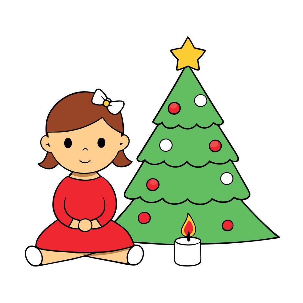 Little girl sitting in front of christmas tree with lit candle. vector