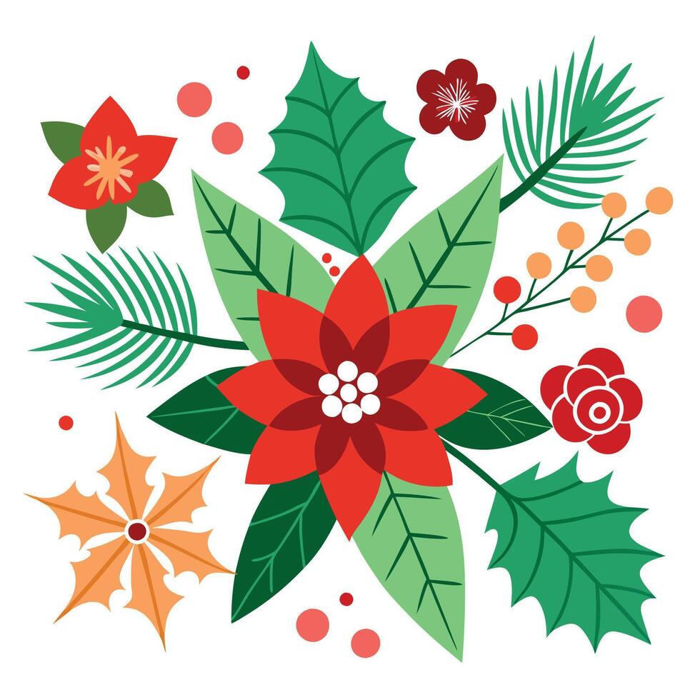 A christmas background with poinsettis. holly and pine cones. vector